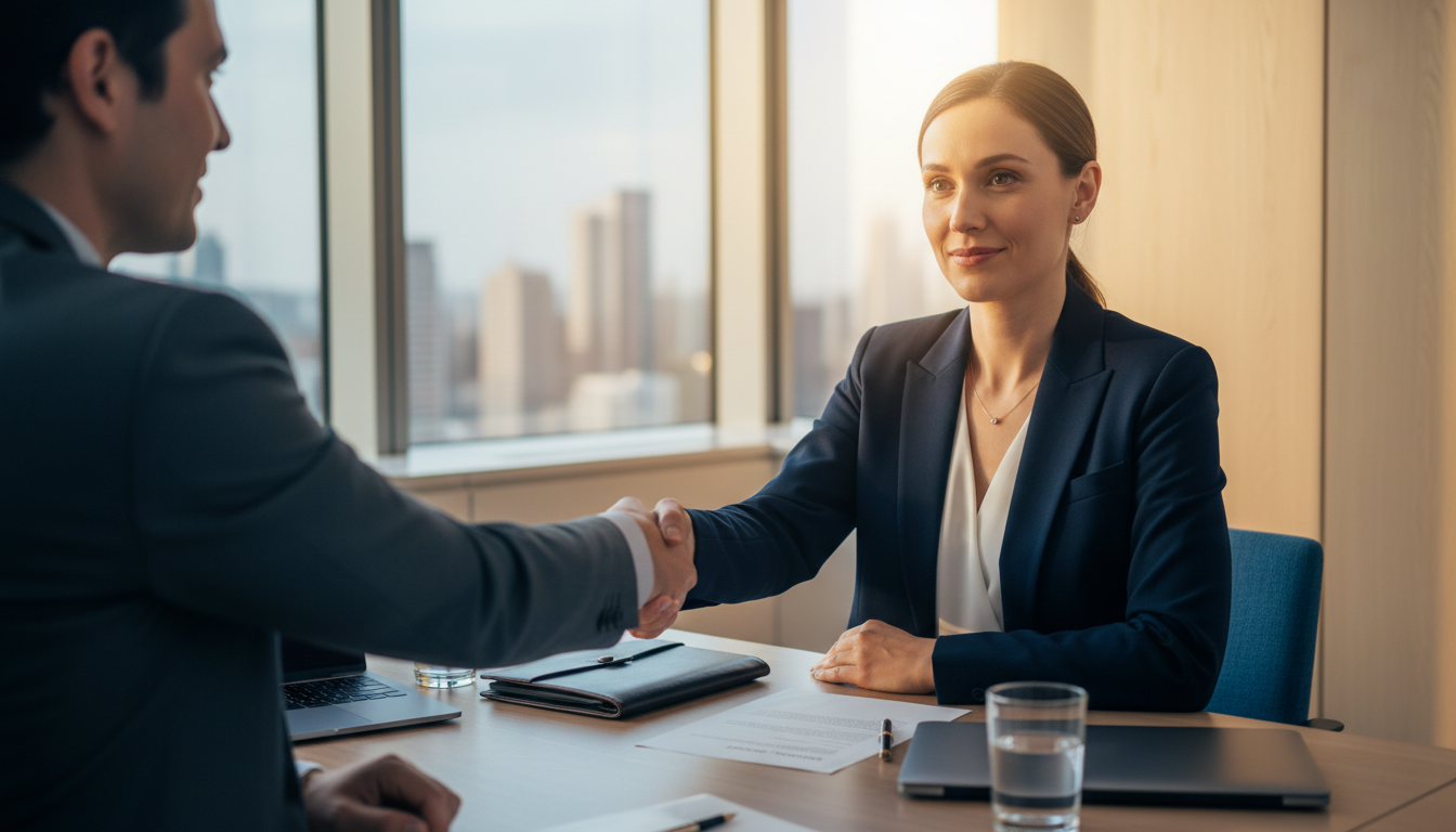 Job candidate shaking hands with an interviewer across the desk